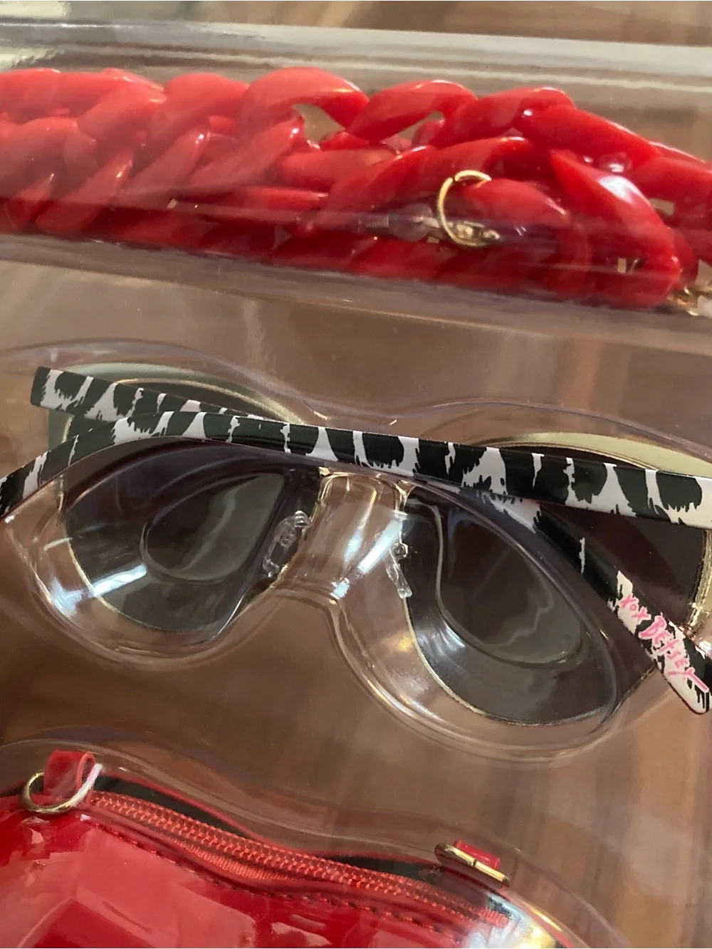 Betsey Johnson Sunglasses, Red Lips Purse / Case & Chain Set